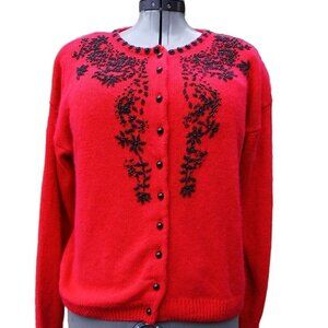 VTG Dana Scott Womens Silk Angora Lambswool Beaded Grandma Sweater Red Size L